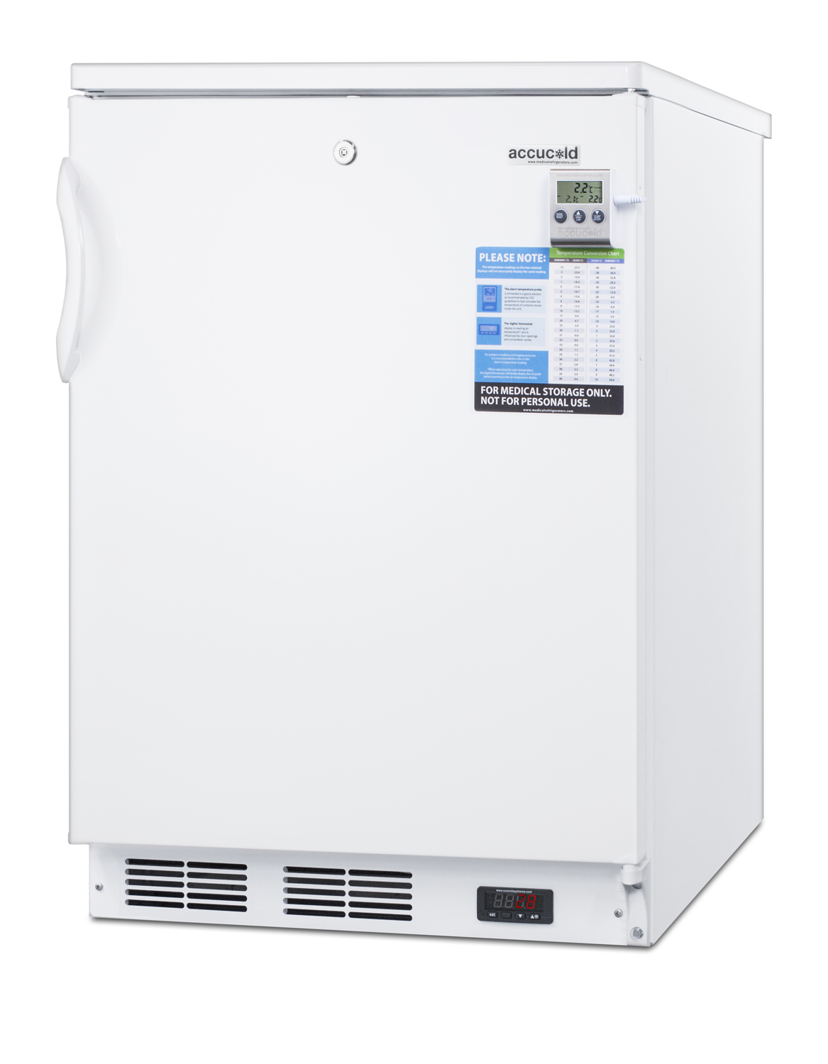 Built-in undercounter medical all-refrigerator for temperature stable medical storage, with interior basket drawers, internal fan, lock, and more